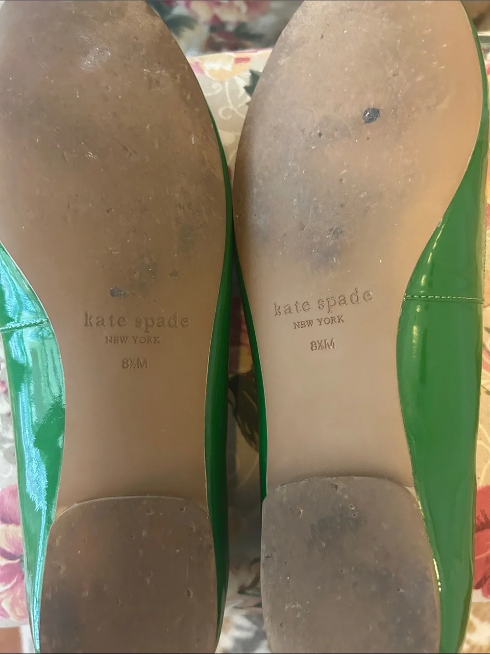 kate spade Green Patent Leather Peep-Toe Flats with Gold Floral Emblem